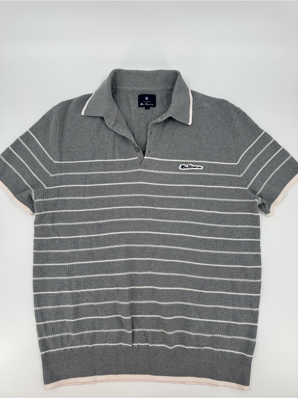 Ben Sherman Men's Gray Stripe Knit Polo Shirt Size L